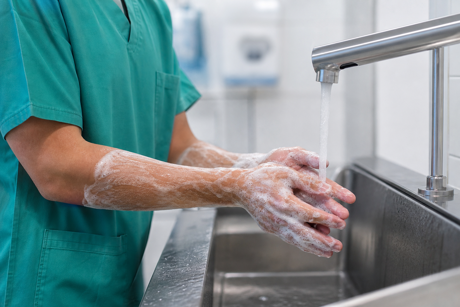 Professionnel de santé se lavant les mains au lavabo
