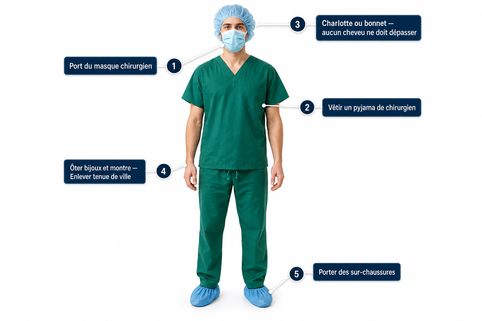 Tenue vestimentaire complète d'un opérateur AQS en ZEM : masque, pyjama de chirurgien, charlotte, sur-chaussures