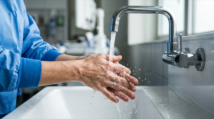 Professionnel de santé se lavant les mains au lavabo